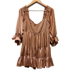 Mable Hey Delilah Bronze Satin Smocked Tiered Mini Dress